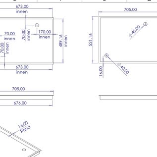 Versandmetall Speciale aanbieding - 2 roestvrijstalen douchebakken, douchebodems {R3A} 1,5 mm, binnenzijde K320 geborstelde afwerking, 16 mm rand, 45 mm hoogte, afmetingen bak 1 - 521x705 mm, afmetingen bak 2 - 516x969 mm, afvoer zoals aangegeven op de schets