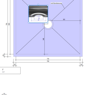 Versandmetall Op maat gemaakt - Douchebak van roestvrij staal, douchebodem {R3A} 1,5 mm, binnenafwerking K320, afmetingen 790x750 mm, hoogte 30 mm, inclusief 30 mm rand, welving ca. 10 mm, volgens schets