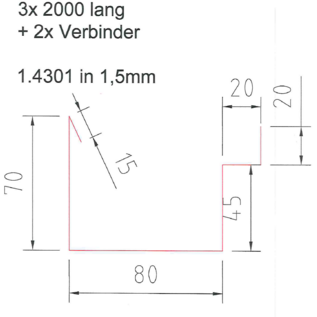 Versandmetall -6mtr ( 3x2mtr) Sonder Regenrinne P2  axcxb 70/ 80 /45 /20 /20 , L= 2000mm aus 1,5mm Edelstahl außen Schliff K320