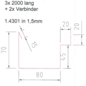 Versandmetall Gouttière spéciale P2 axcxb 70/80/45/20/20, L=2000mm, en acier inoxydable de 1,5 mm, finition brossée extérieure K320, -6mtr (3x2m)