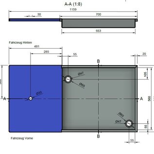 Versandmetall Edelstahl Duschwanne, 2-teilig { R4A }, Materialstärke 1,5mm, INNEN Schliff K320, Maße 600x1159mm, Höhe 81mm , 2 Ablaufbohrungen, nach Zeichnung