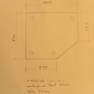 Versandmetall Speciaal - Douchebak van roestvrij staal, douchebodem {R3A} 1,5 mm, binnenafwerking K320, afmetingen 892 x 1025 mm, inclusief 20 mm rand, hoogte 25 mm, volgens schets