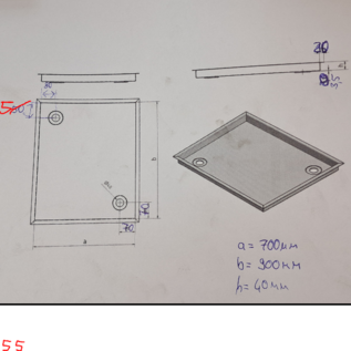 Versandmetall Op maat gemaakt - Douchebak van roestvrij staal, douchebodem {R3A} 1,5 mm, binnenafwerking K320, afmetingen 700x900 mm, plus 20 mm rand, hoogte 40 mm, volgens schets
