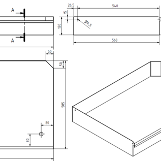 Versandmetall Speciaal - Douchebak van roestvrij staal, douchebodem { R1A } 1,5 mm, binnenafwerking K320, afmetingen 698x830 mm, hoogte 50 mm, randafvoeren 60 mm volgens schets! - Copy