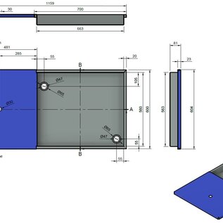 Versandmetall Receveur de douche en acier inoxydable, 2 pièces {R4A}, épaisseur 1,5 mm, finition intérieure K320, dimensions 700 x 1159 mm, hauteur 81 mm, 2 trous d'évacuation, conforme au dessin