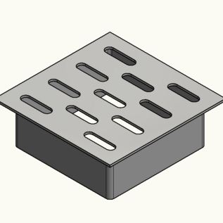 Versandmetall Afdekplaatje voor tegelafvoer, gemaakt van 2 mm roestvrij staal volgens Zg 26060605_10A0301. Voorzien van een 40 mm lange vierkante buis, elektrolytisch gebeitst. Tegelafmetingen: 120 x 120 mm.