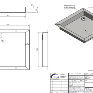 Versandmetall Receveur de douche sur mesure en acier inoxydable {R1/3A-1} 1,5 mm, finition intérieure brossée K320, profondeur 630 mm, largeur 590 mm, 1 orifice d'évacuation pour siphon de 35 mm dans l'angle, hauteur 80 mm, rebord double face (2 côtés 45 mm, 2 côtés 60