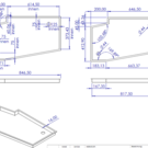Versandmetall Speciale roestvrijstalen douchebak, douchebodem {R3A-2} 1,5 mm, binnenzijde K320 geborstelde afwerking, diepte 489 mm, breedte 817,5 mm plus 16 mm rand, 2 afvoergaten voor 44 mm sifon, in de hoek, hoogte 45 mm
