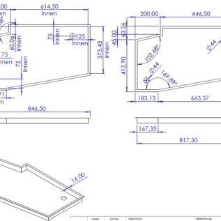 Versandmetall Speciale roestvrijstalen douchebak, douchebodem {R3A-2} 1,5 mm, binnenzijde K320 geborstelde afwerking, diepte 489 mm, breedte 817,5 mm plus 16 mm rand, 2 afvoergaten voor 44 mm sifon, in de hoek, hoogte 45 mm