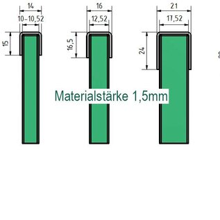 Versandmetall Ensemble de 14 profilés de chant en acier inoxydable, épaisseur 1,5 mm, pour verre de 17,52 mm d'épaisseur, dimensions 24 x 21 x 24 mm (18 mm intérieur), finition brossée K320 à l'extérieur, longueur 2500 mm.