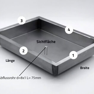 Versandmetall Set (5 stuks) roestvrijstalen bakjes, {R3A} 1,5 mm, binnenzijde K320 afwerking, afmetingen zonder rand: breedte 120 mm, lengte 300 mm, buitenafmetingen met rand (20 mm): 157 x 337 mm, 1 afvoergat met buis d= 8 x 1,5, L= 20 mm, hoogte/diepte= 50 mm