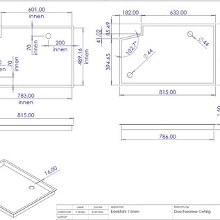 Versandmetall Sonder - Edelstahl Duschwanne, Duschtasse { R3A } 1,5mm , INNEN Schliff K320,  Maße815x521mm ,16 mm umlaufender Rand, Höhe 45mm