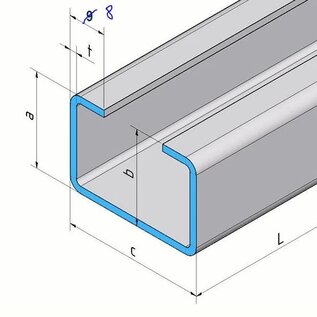 Versandmetall Speciaal klein geborsteld C-profiel, hoogte 20 mm, breedte c = 30 mm, lengte 2000 mm, gemaakt van 1,0 mm dik roestvrij staal, randafmeting g 8 mm, K320