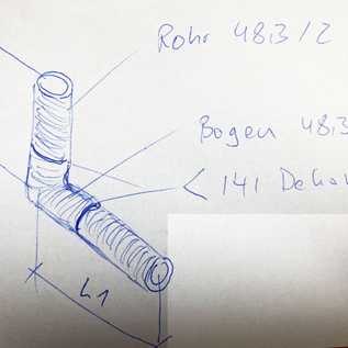 Ensemble de tubes ronds en acier inoxydable, 48,3 x 2 mm, diamètre intérieur 44,3 mm, 1.4301, finition rectifiée/brossée. 1 pièce, L = 800 mm – à couper sur mesure. 1 pièce d'assemblage coudé soudé selon le schéma : L1 20-30 cm, L2 25-35 cm, coude à 87° d