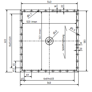 Versandmetall Restposten: Sonder Edelstahl Duschwanne, Duschtasse { R3 }  Nach Zeichnung, 1,5mm, INNEN  Schliff K320, Tiefe  563 mm, Breite 603 mm, Inklusive 20mm Rand, 1Ablaufbohrung in der Mitte,  Höhe 20mm