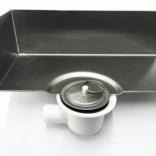 Versandmetall Douchebak van roestvrij staal, douchebodem {R1A} 1,5 mm, geborstelde binnenafwerking K320800 × 650 mm, 1 of 2 afvoergaten, 40 mm hoog