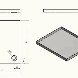Versandmetall Douchebak van roestvrij staal, douchebodem {R1A} 1,5 mm, geborstelde binnenafwerking K320800 × 650 mm, 1 of 2 afvoergaten, 40 mm hoog