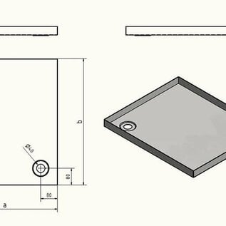 Versandmetall Douchebak van roestvrij staal, douchebodem {R1A} 1,5 mm, geborstelde binnenafwerking K320800 × 650 mm, 1 of 2 afvoergaten, 40 mm hoog