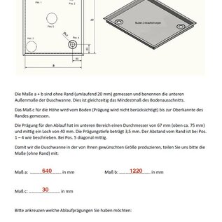 Versandmetall Sonder Edelstahl Duschwanne, Duschtasse { R3A-2} 1,5mm, INNEN Schliff K320, Maße 640x1220mm,umlaufender Rand von 20mm,  4x Ablaufbohrung, Höhe 20mm