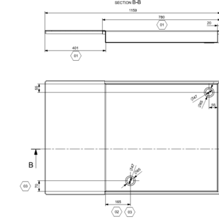 Versandmetall Receveur de douche spécial en acier inoxydable, 2 pièces {R4A}, épaisseur 1,5 mm, finition intérieure K320, dimensions 754 x 1159 mm, hauteur 79,5 mm, 2 trous d'évacuation, conforme au dessin