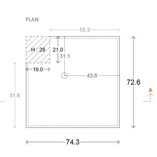 Versandmetall  Speciale roestvrijstalen douchebak, douchebodem {R3A} 1,5 mm, geborstelde binnenafwerking K320, 743 x 726 mm inclusief 20 mm rand, 1 afvoergat, 30 mm hoog, volgens schets