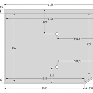 Versandmetall Speciale roestvrijstalen douchebak, douchebodem {R3A} 1,5 mm, geborstelde binnenafwerking K320, 932 x 1165 mm inclusief rand, 2 afvoergaten, 34,5 mm hoog, volgens schets