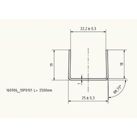 Versandmetall LED U-Profiel, axb 19mm, c= 25/24, 2mm, (binnen 22,2 +/- 0,3mm) Dikte 1,0 mm, lengte 2500mm, oppervlakke geschuurd