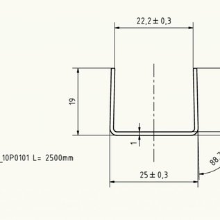 Versandmetall -LED-UProfile a/b19mm c25/24,2mm (innen 22,2+/-0,3mm) t=1,0mm L2500mm aussen K320