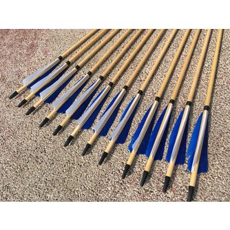 12 stücke Handgemachte 32 "Holz Pfeil Weiß & blau Schild Spinning feder Für Jagd