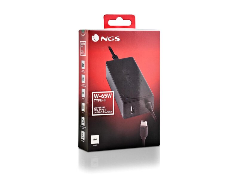 NGS W-65W TYPE C UNIVERSELE 65W USB TYPE C-LADER. 20V/3,25A.- Universele laptop / notebook adapter - 65w - Type C / TYPE-C - USB 5V/2A