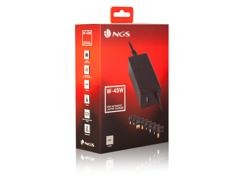 NGS 45W - universele laptop / notebook adapter - 45W - Automatisch - 8 tips - Dell - HP - Lenovo - Acer - Asus