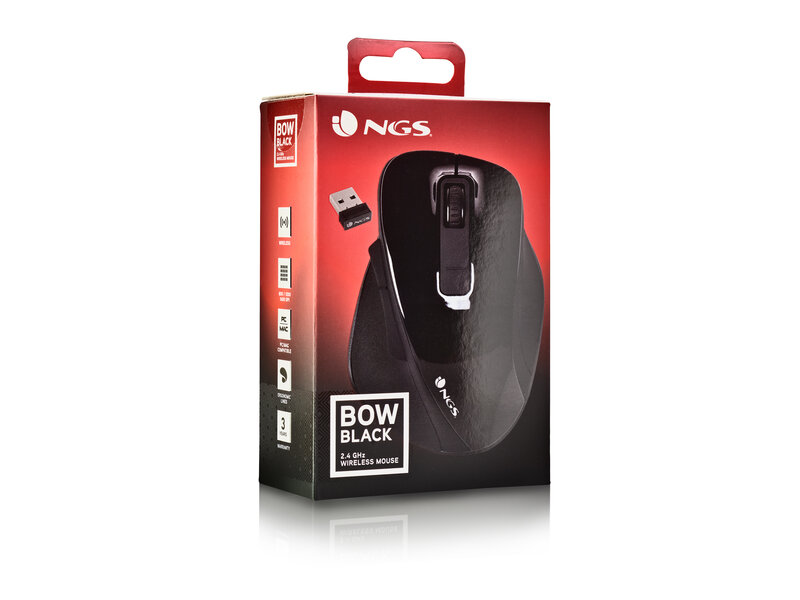 NGS BOW BLACK 5 BUTTONS OPTICAL WIRELESS MOUSE, ERGONOMIC, BIG SIZE