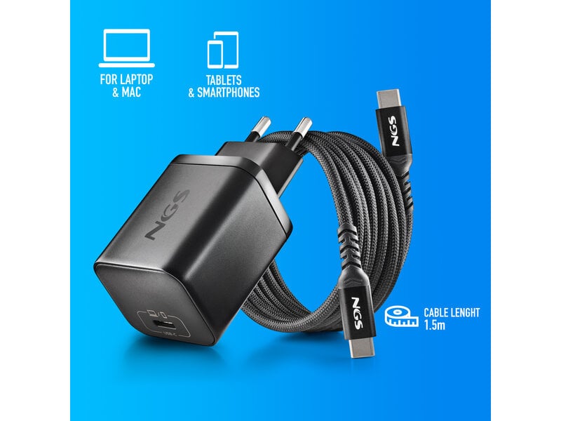NGS BUD 65W-H USB-C 65W voedingsadapter + 1,5M USB-C kabel + 8 adaptertips