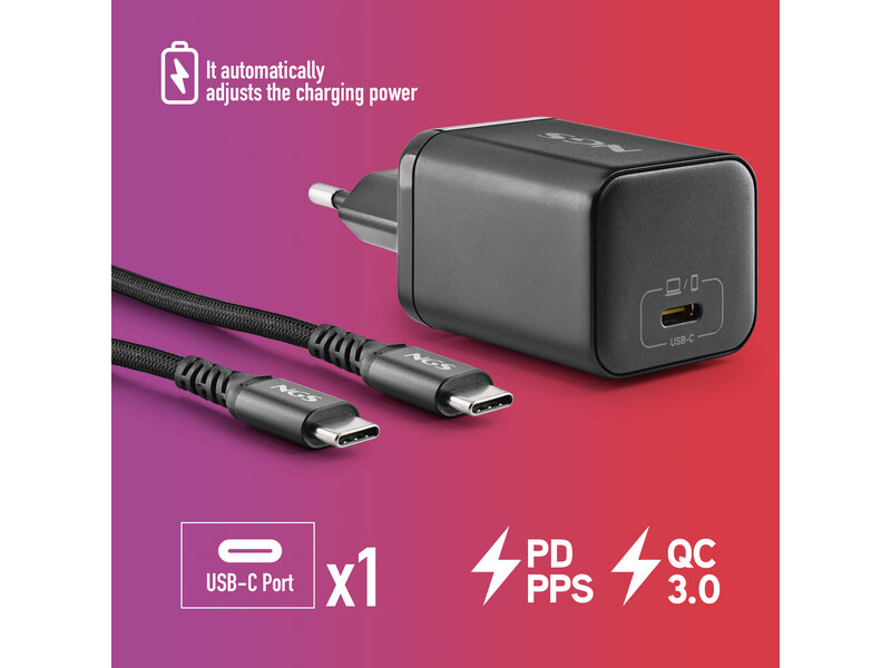 NGS BUD 65W-AS USB-C 65W voedingsadapter + 1,5M USB-C kabel + 8 adaptertips