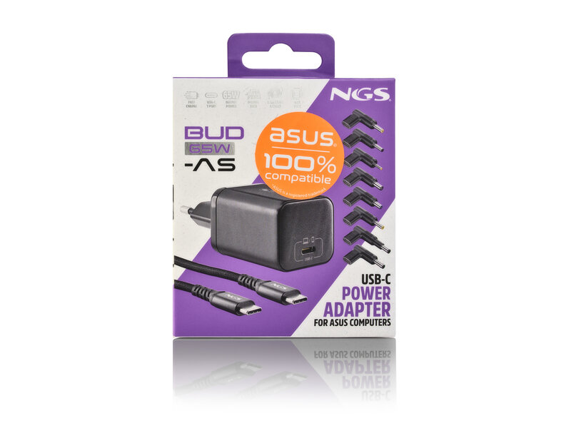 NGS BUD 65W-AS USB-C 65W voedingsadapter + 1,5M USB-C kabel + 8 adaptertips