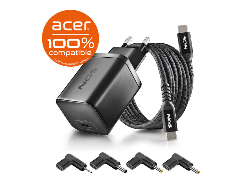 NGS BUD 65W-AC USB-C 65W voedingsadapter + 1,5M USB-C kabel + 4 ada