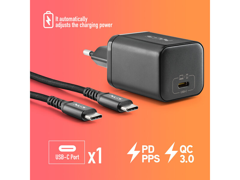 NGS BUD 65W-AC USB-C 65W voedingsadapter + 1,5M USB-C kabel + 4 ada