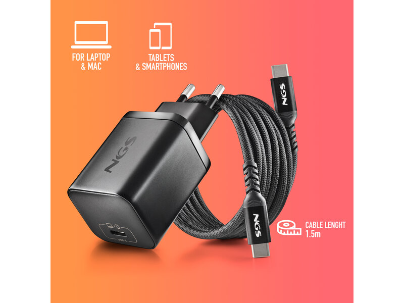 NGS BUD 65W-AC USB-C 65W voedingsadapter + 1,5M USB-C kabel + 4 ada