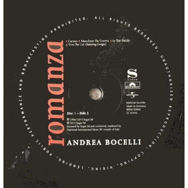 Andrea Bocelli Romanza (compilation ) (180g vinyl 2LP )