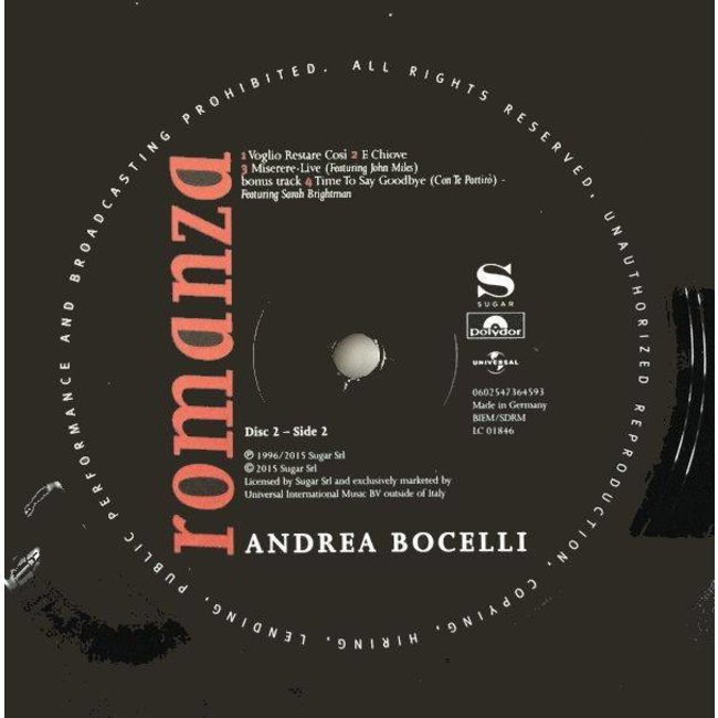 Andrea Bocelli Romanza (compilation ) (180g vinyl 2LP )