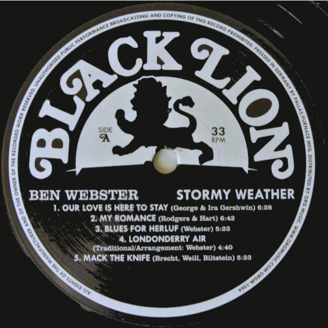 Ben Webster Stormy Weather ( HQ 180g vinyl LP  )