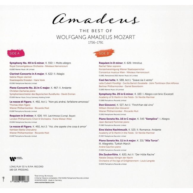 Mozart, W. A.  Amadeus ( The Best of Mozart )  ( 180g vinyl LP )