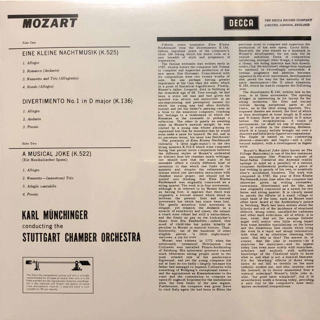Mozart, W. A. Eine Kleine Nachtmusik / Divertimento No. 1 In D (A Musical Joke) ( Stuttgart Chamber Orch. )= 180g vinyl =