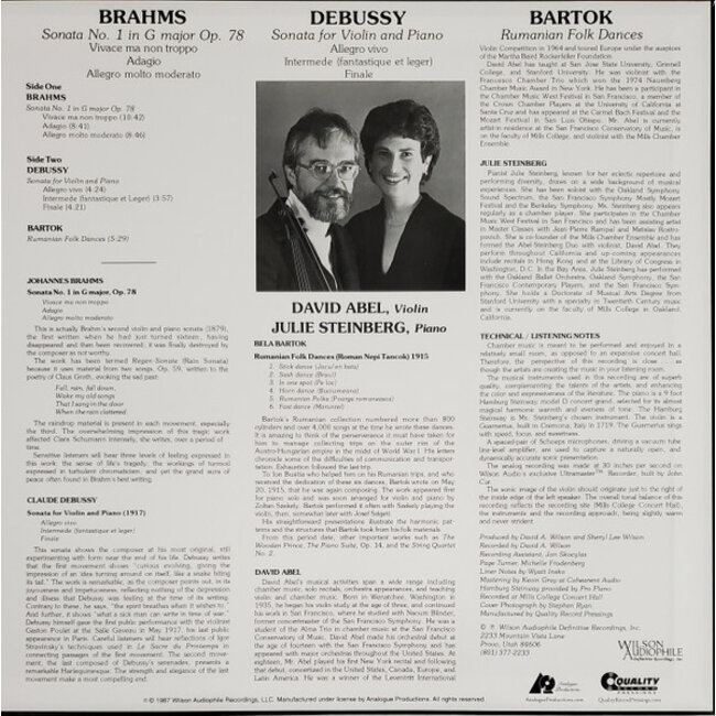 David Abel & Julie Steinberg Sonatas For Violin & Piano (Debussy/Brahms/Bartok )(HQ vinyl)