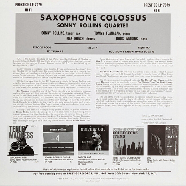 Sonny Rollins Saxophone Colossus ( HQ/180g vinyl LP )