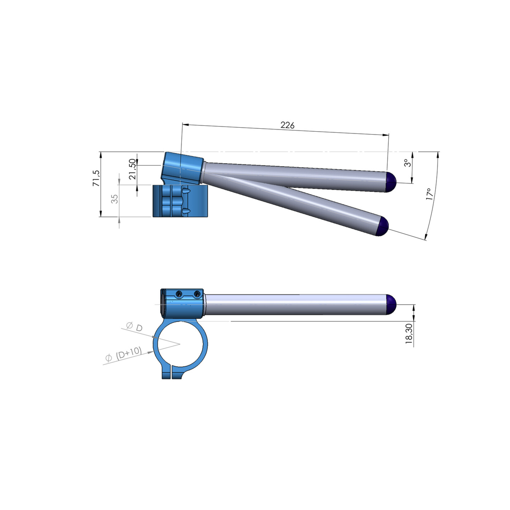 PP Tuning Clip-Ons Handlebars 43mm Type Verhoogd 28mm Verstelbaar Zwart Geanodiseerd