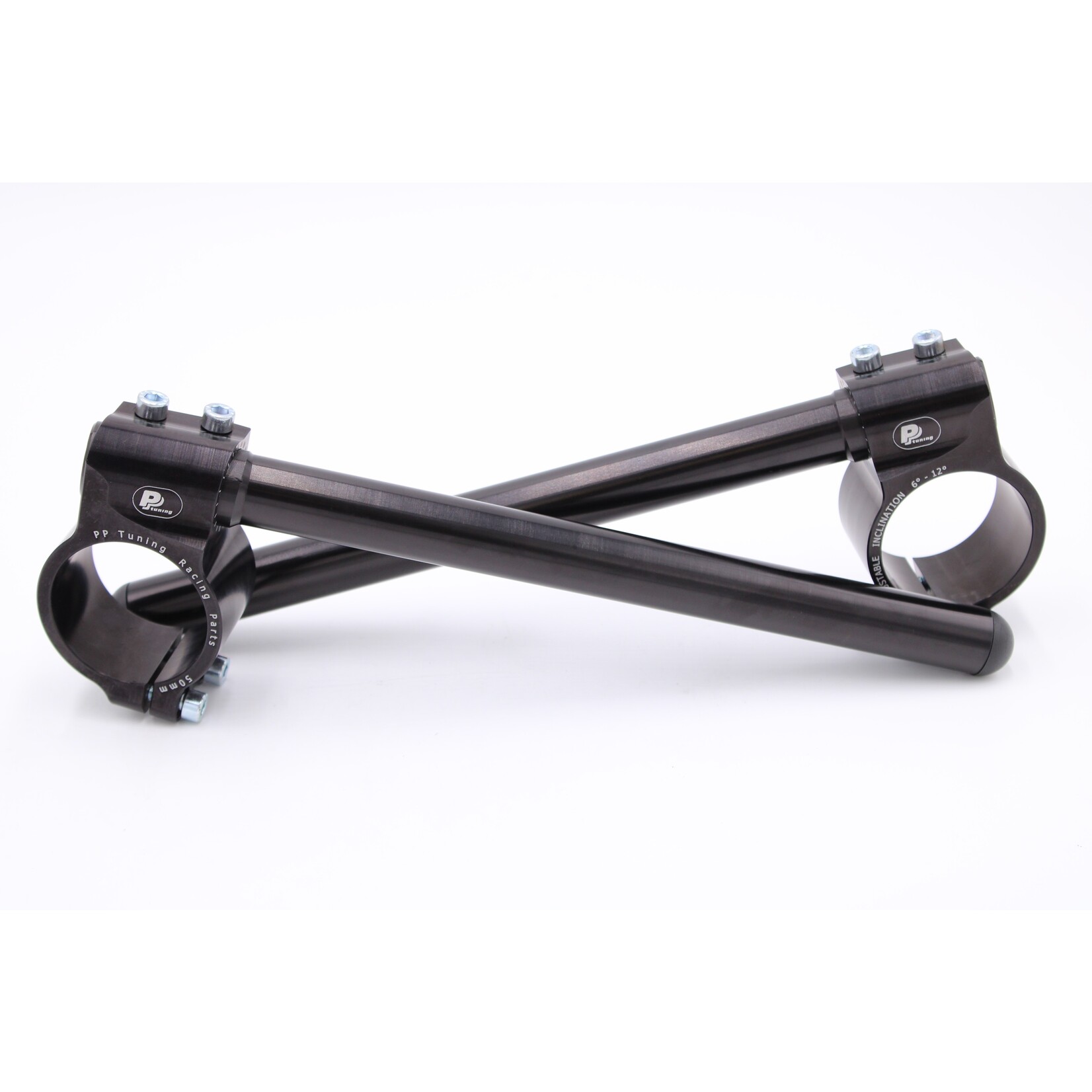 PP Tuning Motorcycle clip‑on handlebars Ø 50 mm, with adjustable grip inclination, Offset 12mm,black, type AGO – art.nr. 50AGO