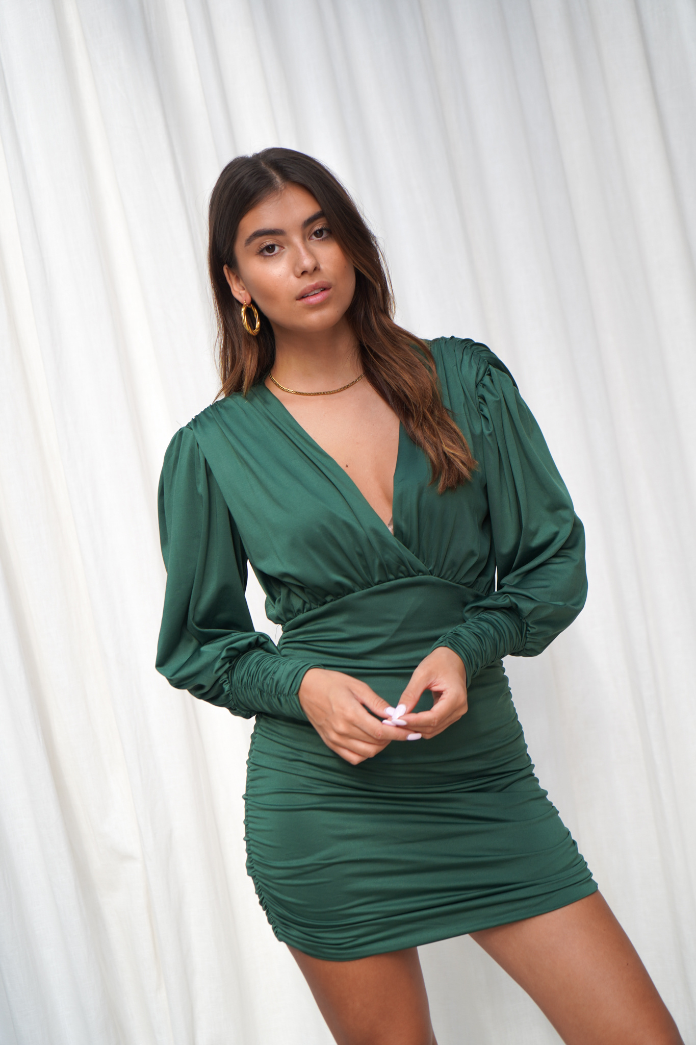 Geplooide jurk groen met lange mouwen  - Esuals