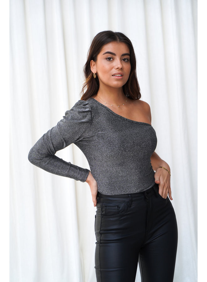 Mijs one shoulder glitter top - zilver