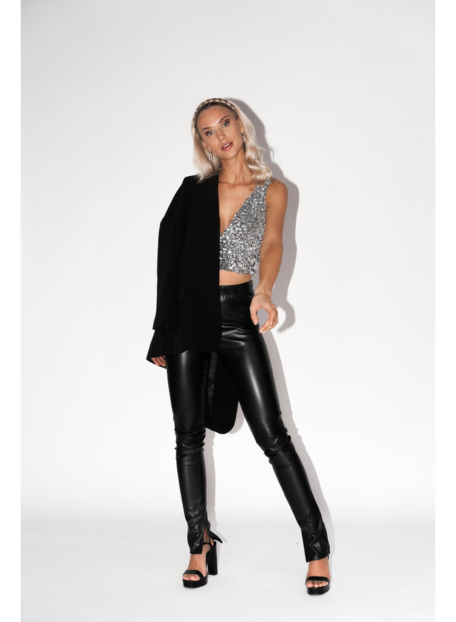 Pants leatherlook met split zwart